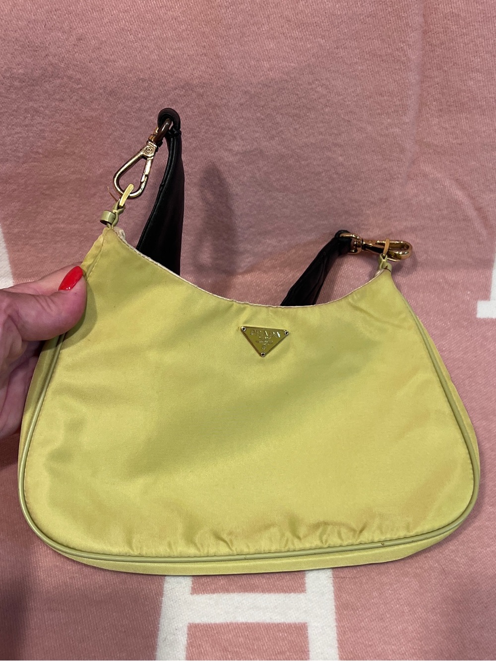 PRADA🌟Neon Yellow/green NO STAINS! Nylon Shoulder Bag. Black leather Prada add - Picture 9 of 13